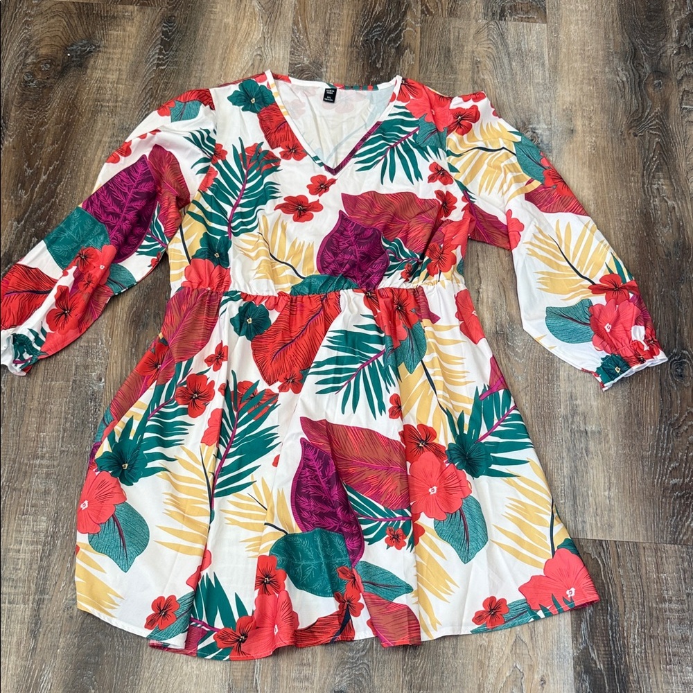 SHEIN Floral Print Mini Dress - Red, Green, Yellow